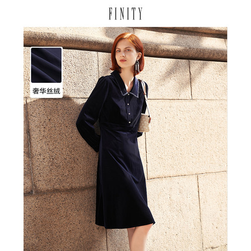 FINITY2023春季丝绒连衣裙气质设计感宽松休闲中长款裙子女