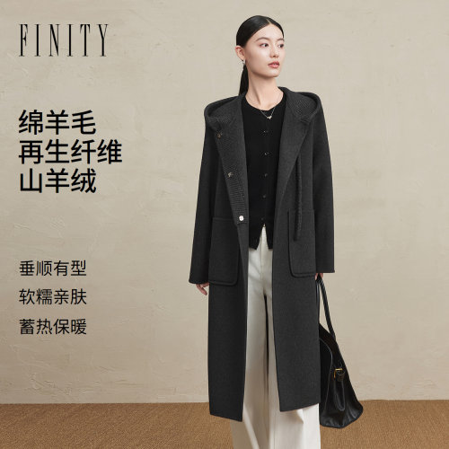 FINITY菲妮迪毛呢外套2026冬季新款连帽落肩羊毛老钱风大衣上衣女