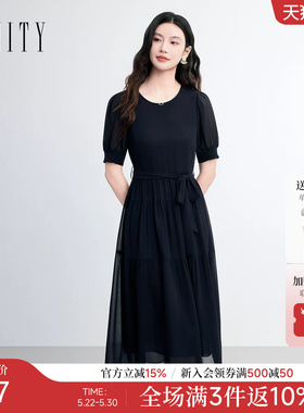 FINITY菲妮迪连衣裙2026夏季新款简约圆领黑色优雅通勤短袖长裙女