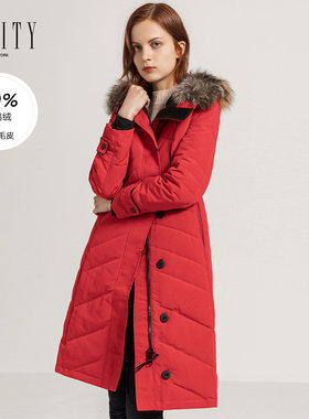 FINITY冬季连帽羽绒服狐狸毛领红色休闲简约中长款上衣外套