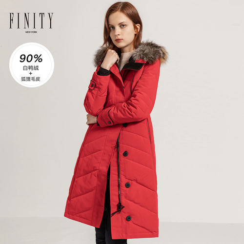FINITY冬季连帽羽绒服狐狸毛领红色休闲简约中长款上衣外套