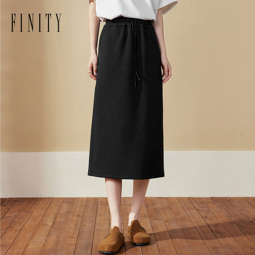 FINITY菲妮迪半身裙2024冬季新款简约高腰黑色中长款A字半裙女
