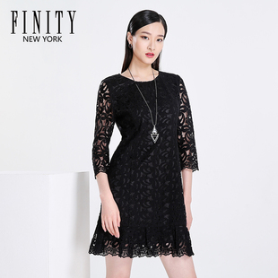 FINITY秋装女装七分袖高腰A字裙 镂空蕾丝连衣裙
