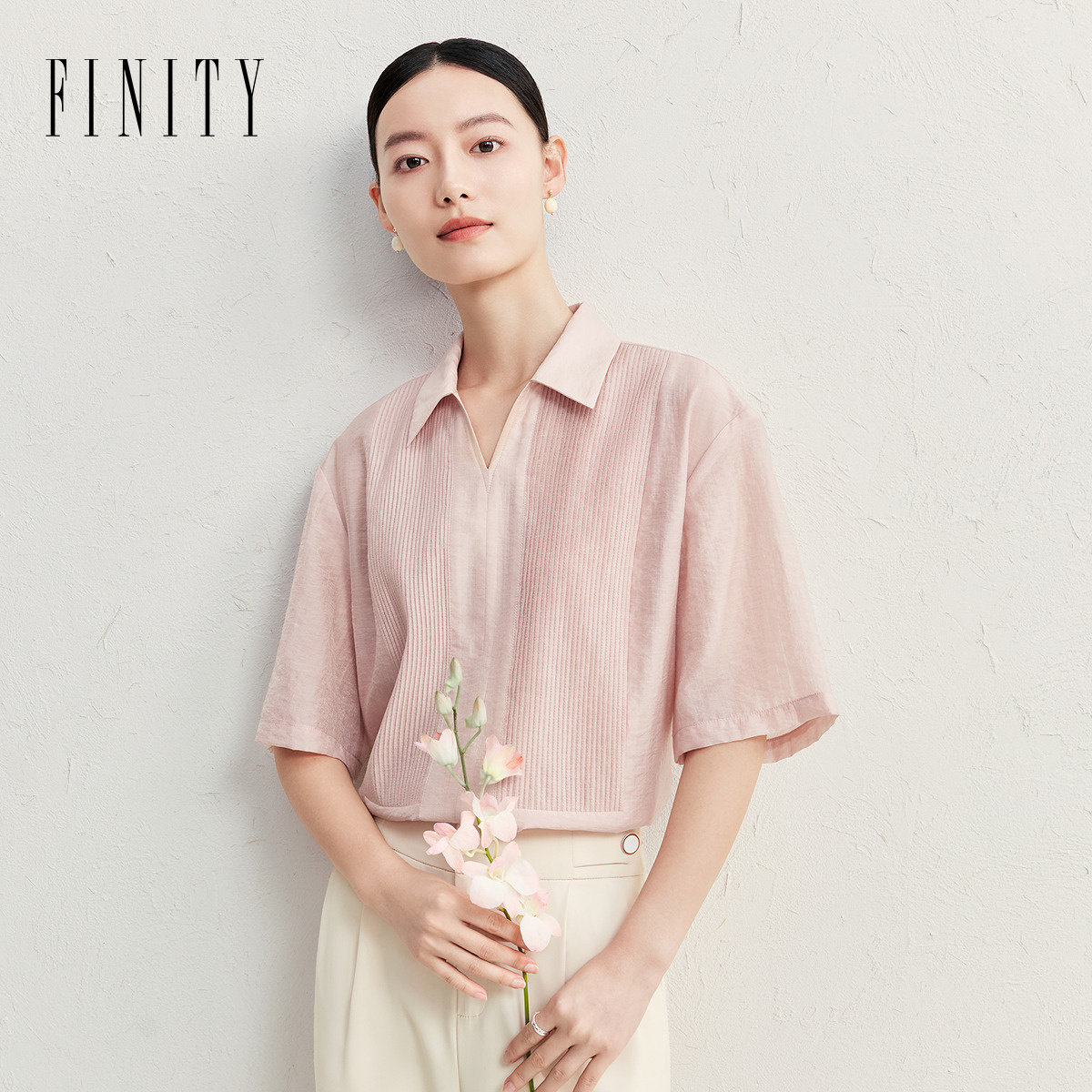 FINITY菲妮迪雪纺衫2026夏季新款衬衫领简约条纹设计感短袖