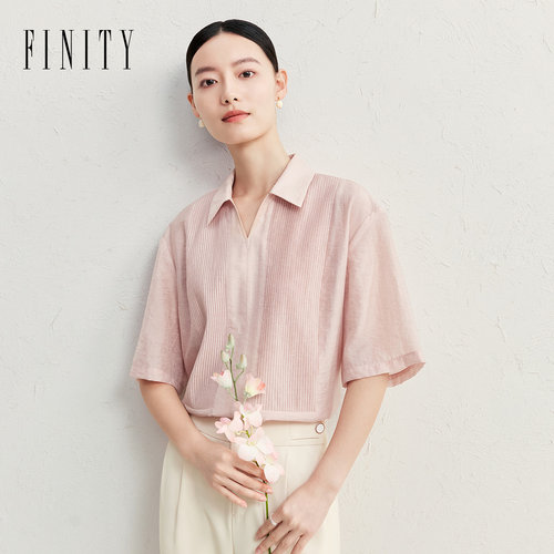 FINITY菲妮迪条纹衬衫领雪纺衫