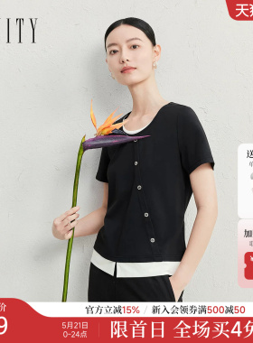 FINITY菲妮迪T恤2026年夏季新款简约宽松黑色圆领百搭短袖上衣女