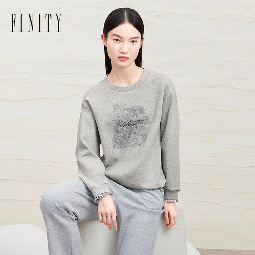 FINITY菲妮迪圆领卫衣2024冬简约风时尚宽松绣花拼接袖口上衣
