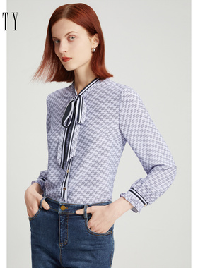 FINITY紫色衬衫2023早春季别致印花气质丝带领薄款长袖上衣女