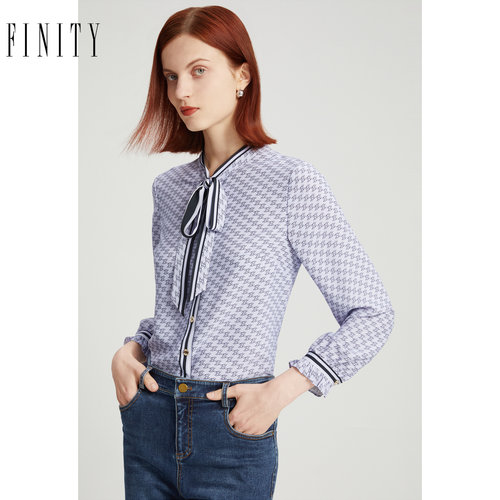 FINITY紫色衬衫2023早春季别致印花气质丝带领薄款长袖上衣女
