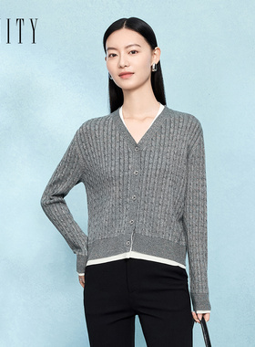 FINITY菲妮迪毛衣2026春季新款气质V领修身显瘦灰色针织开衫上衣
