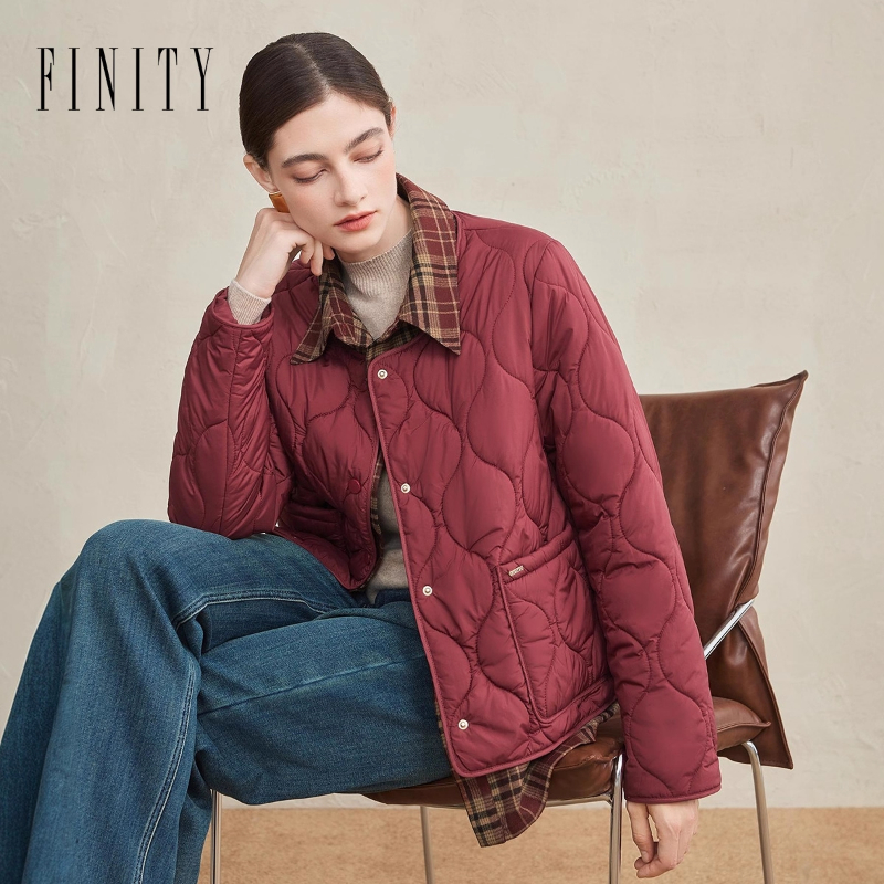 FINITY菲妮迪棉服棉袄2025冬季新款简约假两件设计格纹保暖外套女