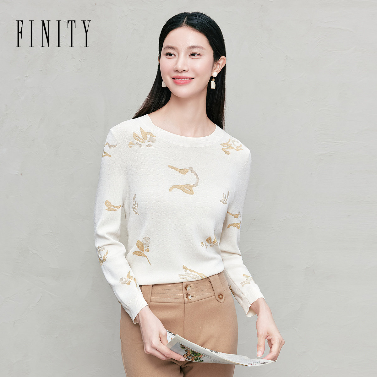 FINITY菲妮迪针织衫2026春季新款简约优雅圆领柔软米白提花