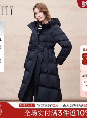 FINITY菲妮迪羽绒服2025年冬季新款简约连帽长款藏青色保暖外套女