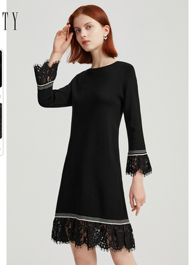 FINITY针织连衣裙2024春季黑色羊毛简约气质休闲圆领裙子女