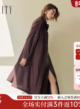 FINITY菲妮迪长款风衣2025年秋季新款简约领子抽褶设计通勤外套女