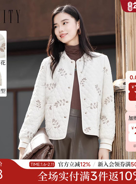 FINITY菲妮迪棉衣棉服2025冬季新款翻领气质花卉绣花薄款外套女