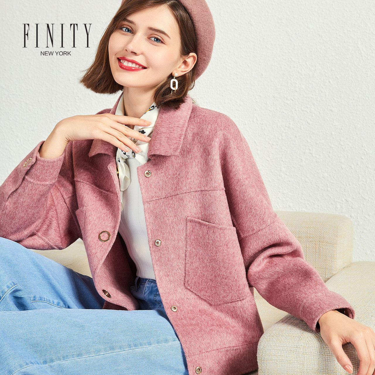 FINITY秋冬粉色毛呢复古小立领大衣法式宽松短款上衣外套