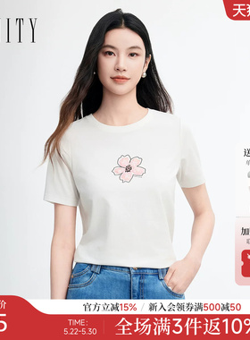 FINITY菲妮迪T恤2026年夏季新款简约印花圆领白色通勤短袖上衣女