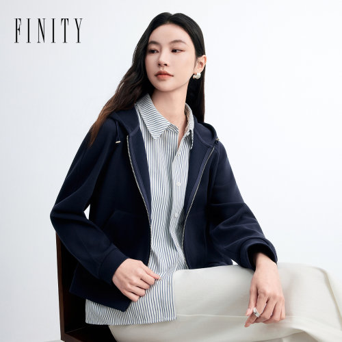 FINITY菲妮迪短外套2026秋新款藏青假两件条纹拼接设计外套上衣女