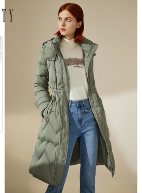 FINITY90白鸭绒羽绒服2023冬绿色简约连帽中长款保暖外套女