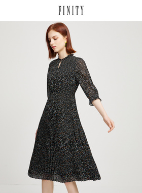 FINITY2023春装印花波点连衣裙女气质法式复古中长款裙子女