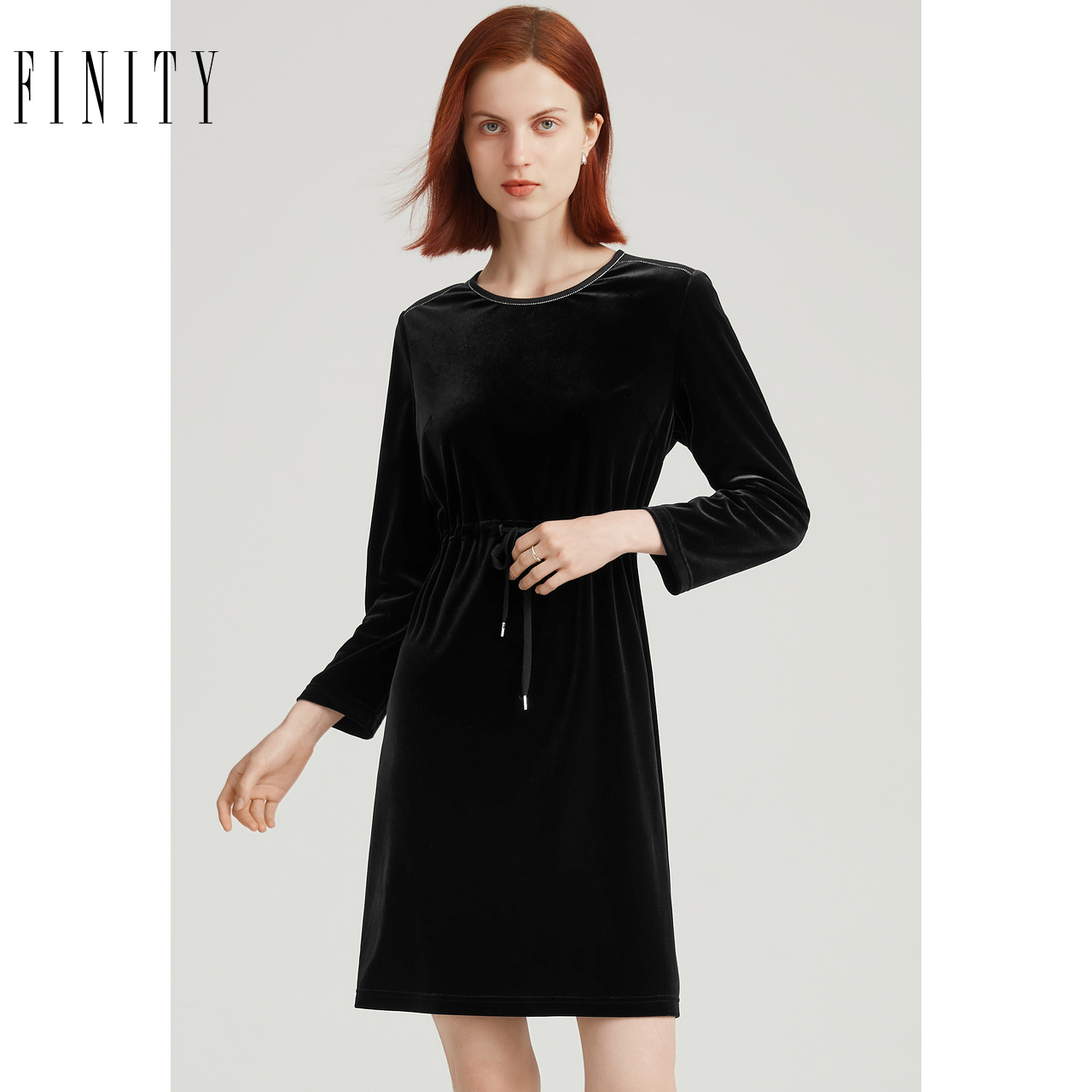 FINITY2023冬季气质连衣裙设计感系带修身休闲中长款裙子女