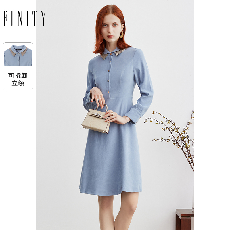 FINITY2023冬季气质连衣裙女长袖格子领宽松休闲中长款裙子