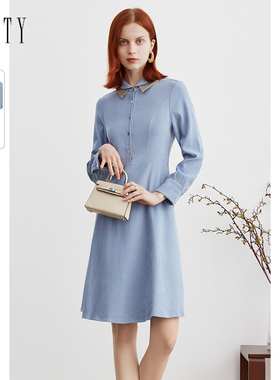 FINITY2023冬季气质连衣裙女长袖格子领宽松休闲中长款裙子