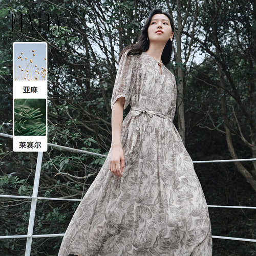 菲妮迪亚麻印花长款连衣裙