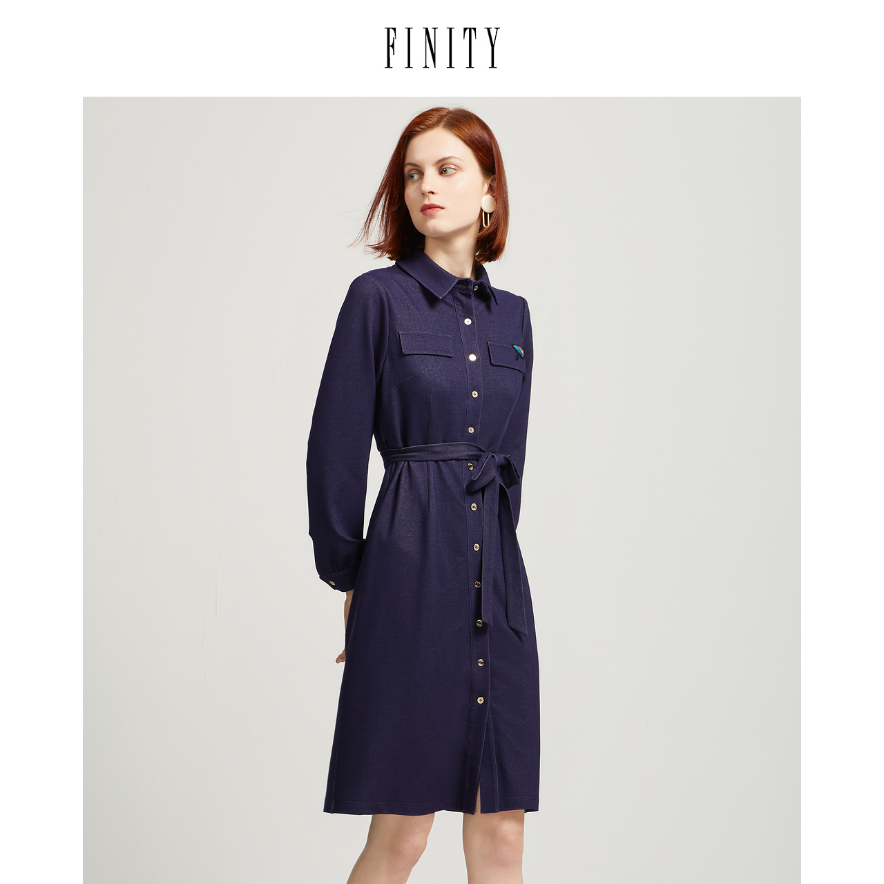 FINITY冬季连衣裙复古气质法式长袖收腰中长款裙子女