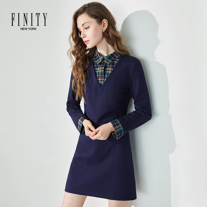 FINITY流行裙子女秋装收腰显瘦气质韩版休闲假两件连衣裙