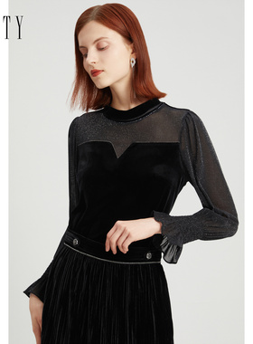 FINITY黑色雪纺衫2023夏季气质名媛风镂空设计感纯色上衣女