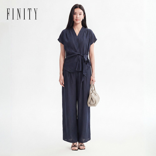 FINITY菲妮迪时尚套装2026夏季新款V领藏青宽松休闲显瘦两件套女