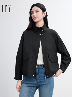 FINITY菲妮迪短外套2026春新款简约休闲气质翻领黑色短款风衣女装