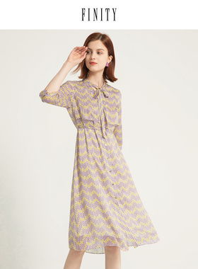 FINITY2023春装印花收腰连衣裙女法式修身V领中长款仙女裙