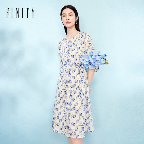 FINITY菲妮迪连衣裙2026年秋季新款简约米底印花气质休闲裙子女