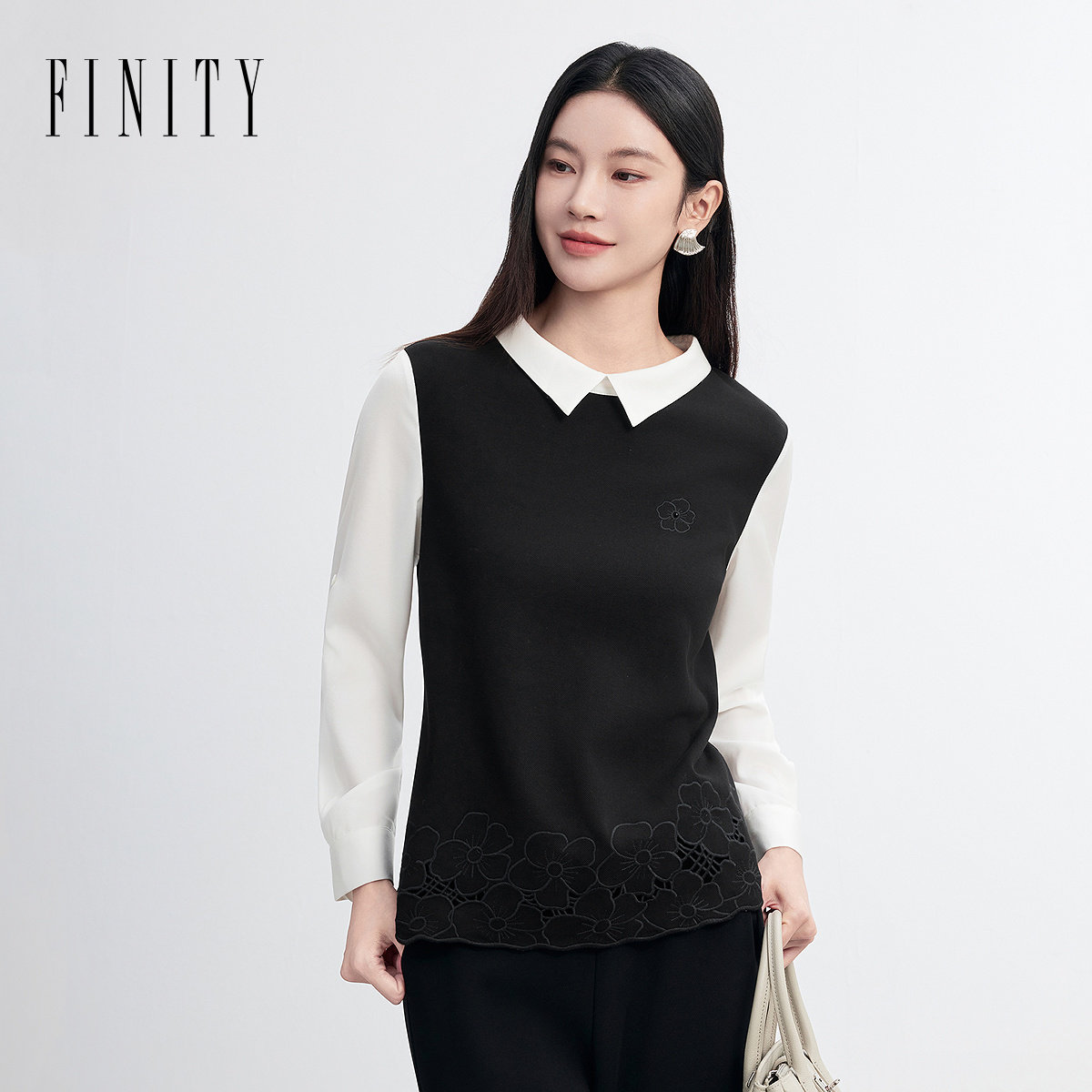 FINITY菲妮迪雪纺衫2026春新款黑白撞色拼接休闲通勤长袖上