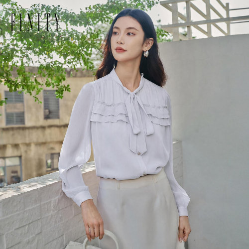 菲妮迪夏季名媛风飘领衬衫女