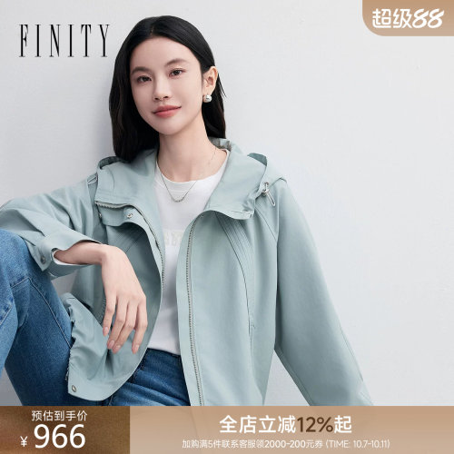菲妮迪春款连帽通勤短款风衣女