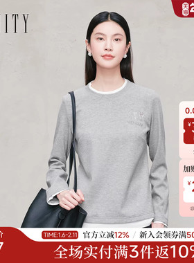 FINITY菲妮迪T恤2025年秋季新款简约气质百搭撞色拼接刺绣上衣女