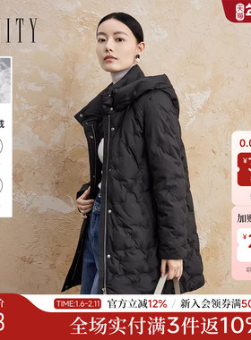 菲妮迪品牌女装2025冬季新款90白鹅绒中长款连帽蒙口羽绒服女外套