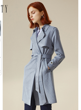 FINITY长款风衣2023春季灰蓝色简约通勤收腰显瘦气质外套女