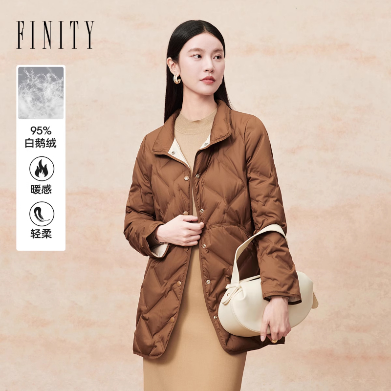 菲妮迪95白鹅绒羽绒服2025年冬季新款简约翻领中长款保暖外套女士