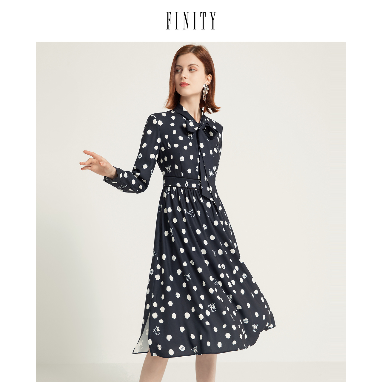 FINITY2023春装气质印花连衣裙女休闲减龄显瘦中长款裙子女