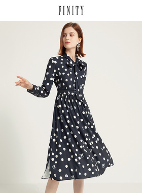 FINITY2023春装气质印花连衣裙女休闲减龄显瘦中长款裙子女