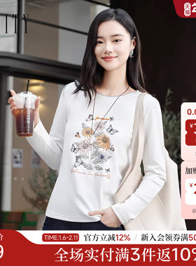 FINITY菲妮迪T恤2025秋季新款简约气质花卉印花棉感针织上衣女