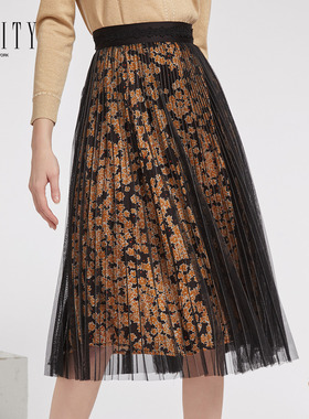 FINITY秋款女装碎花雪纺网纱半身裙宽松黑色百褶a字短裙