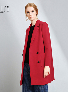 FINITY冬装气质翻领口袋显瘦双排扣羊毛双面呢大衣外套