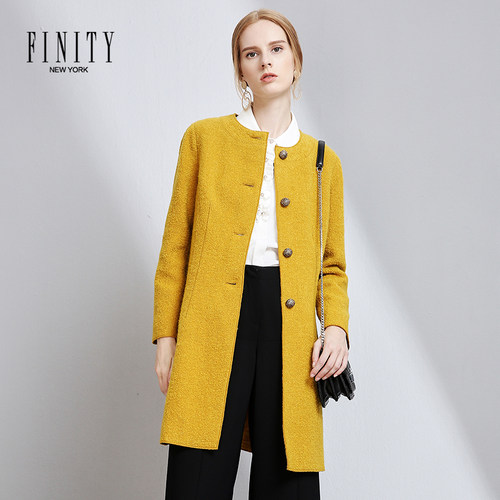 FINITY春装气质宽松圆领纽扣中长款羊毛呢大衣外套