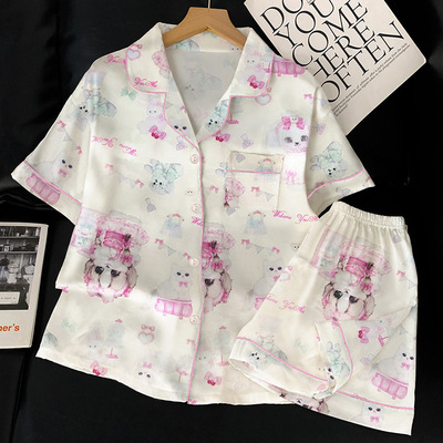 法式可爱猫咪冰丝睡衣女夏季短袖短裤学生软妹家居服套装实拍批发